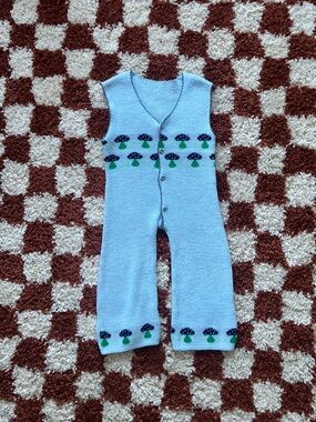 Vintage 70s Light Blue Knit Baby One-Piece Mushroom Romper